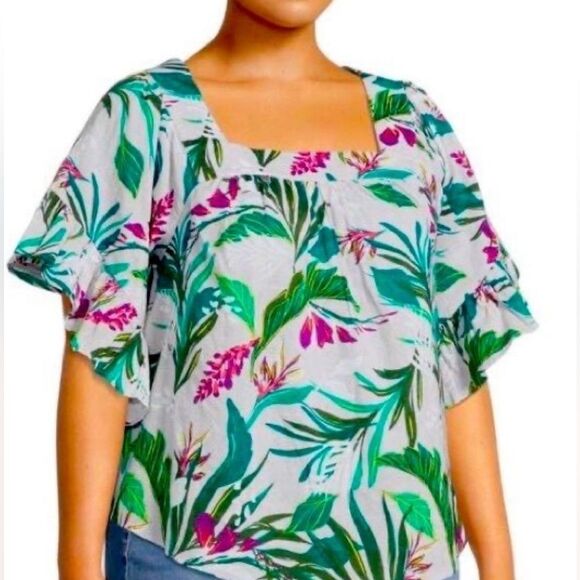 Light lavender purple tropical print 100% cotton square neck top size 4X - Picture 2 of 8